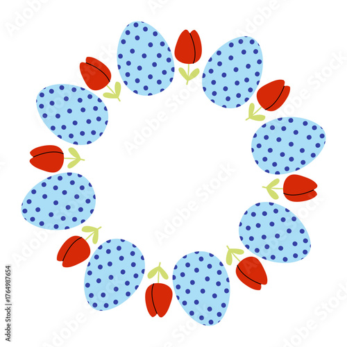 Colorful circle of blue polka dot eggs and red tulips for spring celebrations and festive decorations