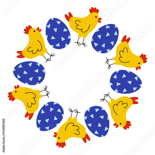 Colorful circle of cheerful chickens and decorative eggs celebrating springtime fun and festive vibes