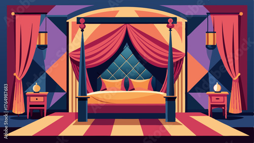A chic bedroom with a fourposter bed draped in curtains a bold geometric print wallpaper and a luxurious velvet bench at the foot of the bed.