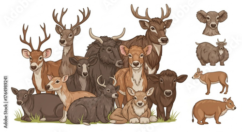 Cartoon illustration of various deer and cattle breeds standing together closely