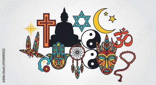 Diverse religious and spiritual symbols representing faith and cultural harmony