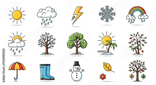 Weather icons representing different seasons and weather conditions in nature