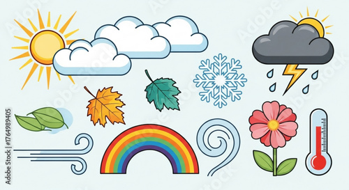 Weather icons showing sun clouds rain wind rainbow flower and temperature