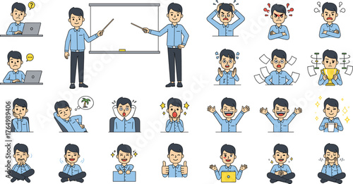 Cartoon man expressing workplace emotions and lifestyle actions, including stress, relaxation, confusion, celebration, meditation, anger, and productivity scenes.