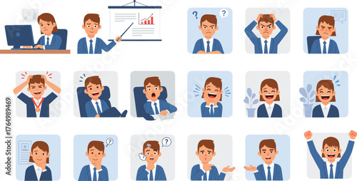 Cartoon businessman showing emotional and professional expressions in office settings, including stress, joy, confusion, celebration, thinking, and presenting.