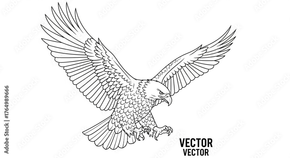 Obraz premium Majestic eagle soars with wings spread wide in a detailed black and white vector art
