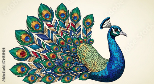 Elegant peacock illustration with vibrant feathers and intricate mosaic design style