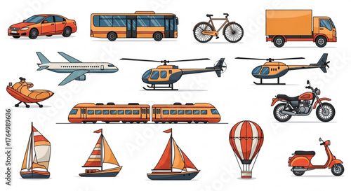 Assorted transportation vehicles including car bus plane and boats illustration