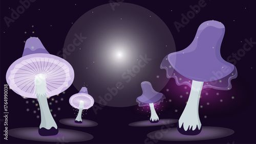 Against the backdrop of a night moon, glowing lilac mushrooms in a psychedelic fantasy style on a dark purple background.