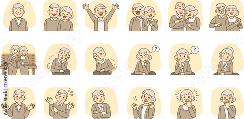 Cartoon elderly character showing emotions and social interactions in various poses, perfect for education, communication, healthcare, and emotional design projects.