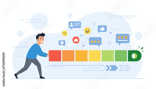 Man pushing a color-coded bar representing customer feedback and experience, with speech bubbles showing positive emojis, thumbs up, and star ratings, illustrating the concept of customer