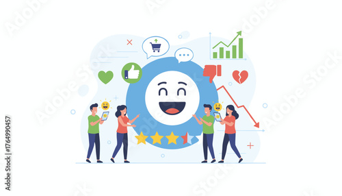 Customer satisfaction feedback survey concept with happy and sad emojis, star ratings, thumbs up and down icons, and business growth charts, illustrating user experience and online reviews.