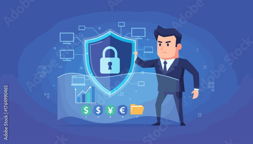 A determined businessman in a suit stands guard over a digital shield with a padlock, symbolizing cyber security and data protection, surrounded by computers, financial charts, and currency symbols