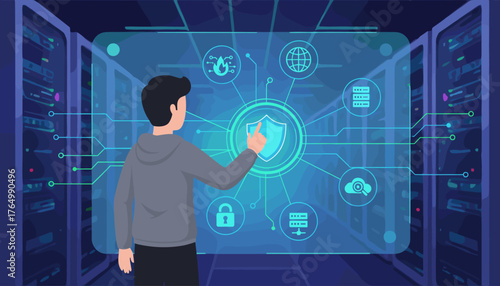 A person interacts with a futuristic digital interface displaying a shield icon and various security-related symbols, set against a backdrop of server racks, representing cyber security and network
