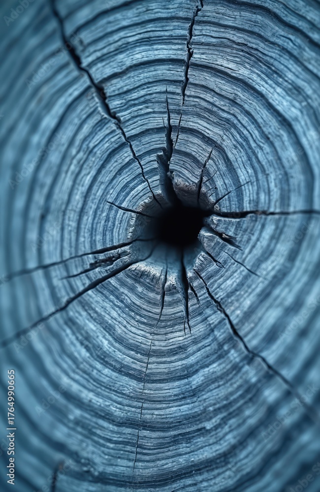 Obraz premium Close up photo shows wood texture. Blueish color emphasizes wood rings. Focus on natural cracks and hole in the center. Abstract background for design.