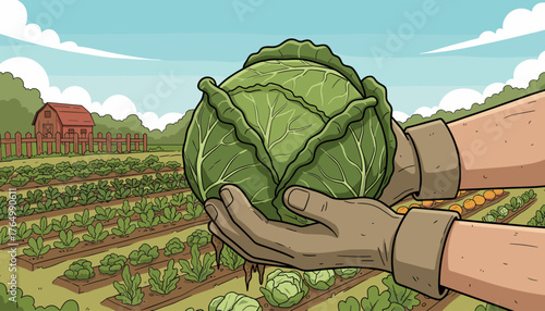 Close-up of farmer's hands gently holding a large, freshly harvested organic cabbage, showcasing its vibrant green leaves and healthy roots, set against a backdrop of a sunlit farm field with rows of