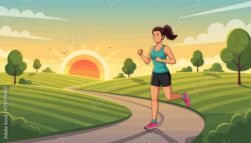 Vibrant cartoon illustration of a fit woman with a ponytail running on a winding path through a lush green countryside during a beautiful sunrise, promoting healthy lifestyle and outdoor exercise.