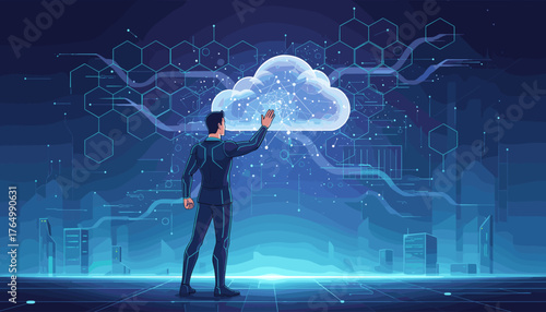 Futuristic technology concept with a businessman interacting with a glowing cloud network, symbolizing data storage, AI, and digital transformation in a modern cityscape with hexagonal data