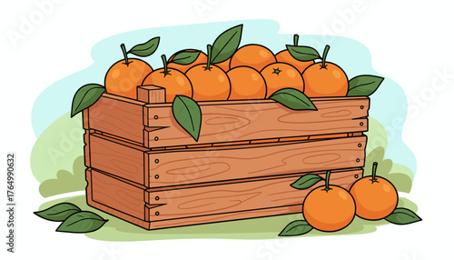 A vibrant and bountiful harvest of fresh, ripe tangerines overflowing from a rustic, weathered wooden crate, with lush green leaves adorning the citrus fruits and scattered around the base, set