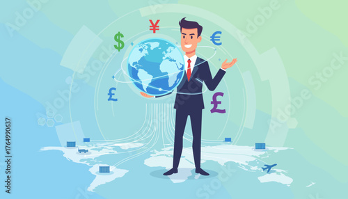 Global Currency Exchange Concept: A Businessman Holds the Earth Surrounded by Major World Currency Symbols, Illustrating International Finance, Trade, and Economic Connectivity with Shipping