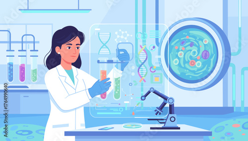 Vibrant illustration of a female scientist in a lab coat conducting genetic research, holding test tubes with colorful liquids, surrounded by futuristic technology including DNA helix models, a