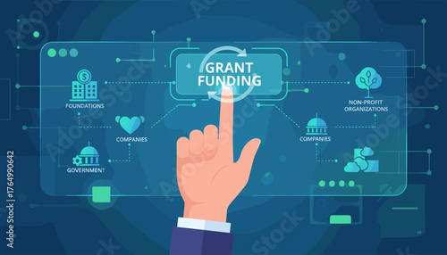 Conceptual illustration of grant funding, with a finger touching a digital interface displaying 'Grant Funding' and icons representing foundations, government, companies, and non-profit