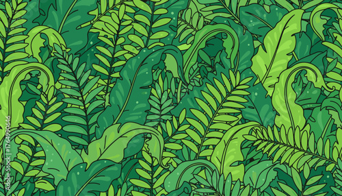 Vibrant seamless pattern of lush green tropical fern leaves and exotic foliage, creating a dense jungle backdrop with a fresh, natural aesthetic, perfect for botanical themes and nature-inspired