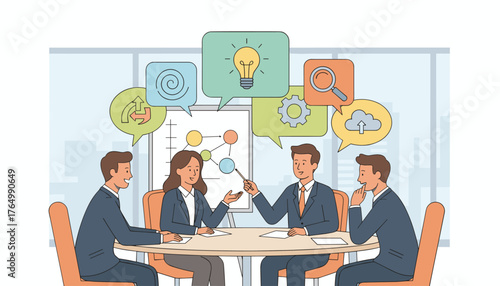 Diverse team of professionals collaborating in a modern office meeting room, brainstorming ideas with colorful speech bubbles featuring icons for innovation, strategy, data analysis, and cloud