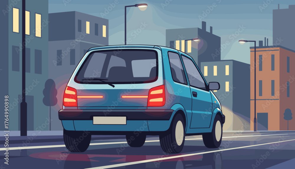 Obraz premium Rear view of a blue city car with illuminated taillights driving on a wet street at dusk, surrounded by buildings and streetlights, conveying a sense of urban travel and nighttime ambiance.