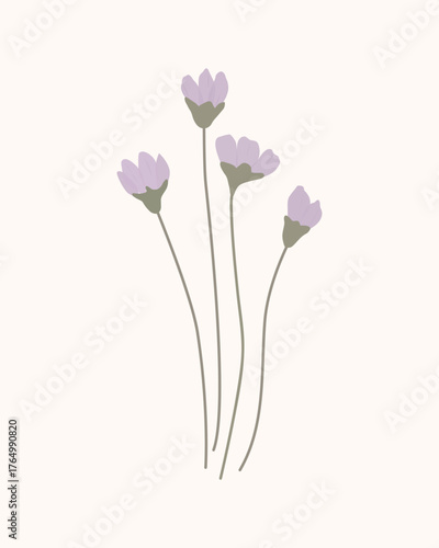 Simple vector illustration of delicate spring violet flowers with slender green stems on a soft light background. Perfect for spring greeting cards, nature art, packaging, invitations, modern decor﻿