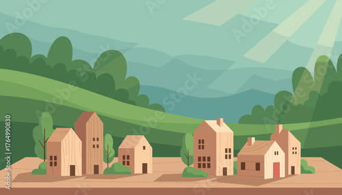 Charming miniature wooden houses arranged on a rustic wooden surface, set against a backdrop of rolling green hills and a serene sky with gentle sunbeams, evoking a sense of peaceful village life and
