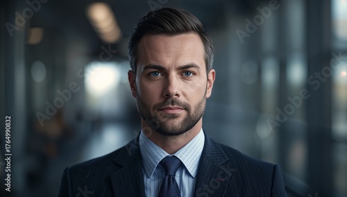 Close up portrait of a man with dark hair wearing a suit and tie in a blurred background setting