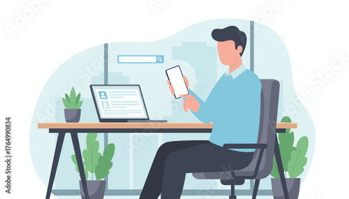 Modern man sitting at a desk in a bright office, holding a smartphone with a blank screen mockup, while a laptop displays a list of contacts, symbolizing remote work, digital communication, and