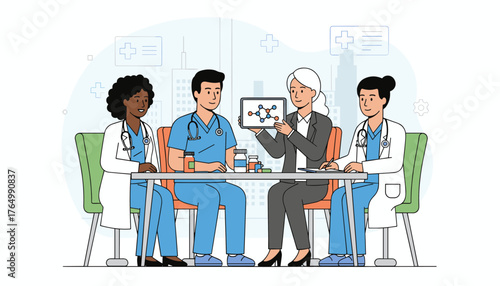 Diverse group of healthcare professionals, including doctors and a researcher, collaborating around a table, discussing medical research and pharmaceutical development, with a molecular structure