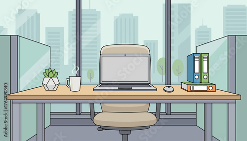 Modern office desk setup with a blank laptop screen, a steaming mug of coffee, a potted succulent, and binders, overlooking a city skyline through large windows, representing a contemporary workspace