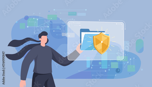 A stylized illustration of a person holding a digital folder icon protected by a golden shield, symbolizing data security and digital protection, set against a background of abstract technological