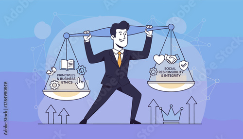 A businessman balances scales representing principles and business ethics against social responsibility and integrity, symbolizing the importance of ethical conduct and corporate citizenship in