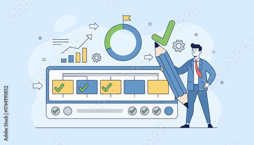 Business professional with a giant pencil marking a task completion on a digital dashboard with charts, graphs, and a circular progress indicator, symbolizing project tracking and goal achievement in