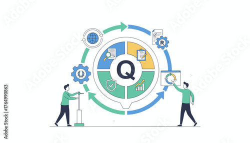 Quality control and assurance process illustration with a central Q symbol, gears, checklists, graphs, and people interacting with the workflow, representing business strategy and continuous