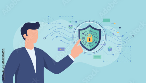 Modern businessman in a suit points to a digital shield icon with a padlock, symbolizing cybersecurity, data protection, and zero trust network access in a business technology context, against a