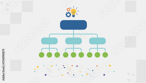 Modern flat vector illustration of an organizational structure concept, featuring a hierarchical chart with interconnected nodes, gears, and a lightbulb symbolizing ideas and business strategy, set