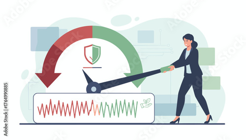 Businesswoman adjusting a gauge to reduce risk level and decrease stress or anxiety, symbolizing control and stability in a fluctuating market, with a shield icon indicating security and a growing