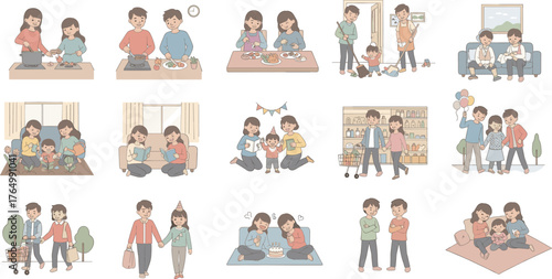 Happy family moments at home and outdoors, parenting activities, bonding, celebration, shopping, cleaning, reading, playing, relaxing, and walking together.