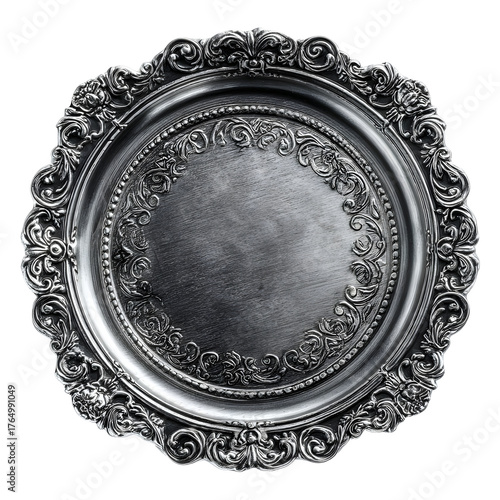 Wallpaper Mural An elegant antique style decorative silver tray with ornate carvings and a detailed rim presented on a clean white background Torontodigital.ca