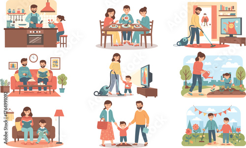 Family bonding moments at home and outdoors, parenting scenes, cooking, cleaning, reading, gardening, shopping, relaxing, and celebrating together.