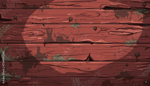 Weathered red wooden surface with a rustic texture, featuring dark shadows, subtle mold spots, and delicate spiderwebs, creating a spooky and aged backdrop perfect for Halloween or horror-themed