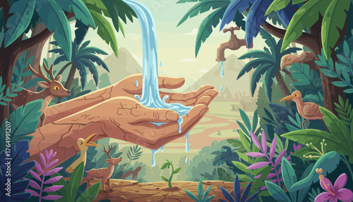 Vibrant illustration of water cascading into cupped human hands, symbolizing conservation and life, surrounded by lush tropical foliage, with deer and birds observing, and a distant landscape with