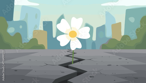 A single white flower with a yellow center bravely pushes through a large crack in a concrete street, symbolizing resilience and hope amidst urban decay, with a soft-focus cityscape and green trees