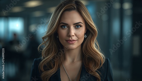 Wallpaper Mural Portrait of a woman with blonde wavy hair wearing a black blazer and silver necklace in an office setting Torontodigital.ca