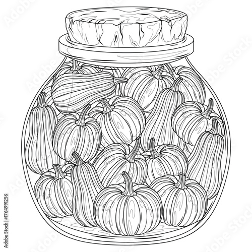 A jar with pumpkins.Coloring book antistress for children and adults. 